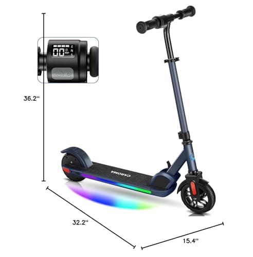 Caroma Electric Scooter for Kids Ages 8-12, 150W Foldable Kids Electric Scooter, Max 7 Miles & 10 Mph, LED Display, Colorful Lights, Adjustable Height, Lightweight Electric Scooter for Kids Teens 9
