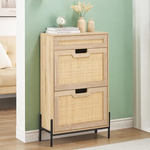 coucheta 2 Flip Drawers Shoe Storage Cabinet with 1 Drawer, Rattan Shoe Organizer with Metal Legs, Freestanding Narrow Shoe Rack Cabinet for Entryway, Oak