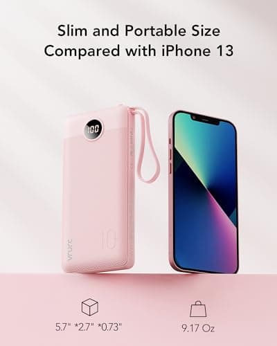 VRURC Portable Charger Power Bank, 10000mAh Travel Essentials Battery Pack, Compact Charging Bank Built-in Cables Cords Compatible with iPhone 17 Pro 17 16 15 14 13, Samsung Phones-Pink(1 Pack) 5