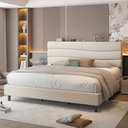 EnHomee King Size Bed Frame, Upholstered King Bed Frame with Charging Stations, Storage Headboard Adjustable, Bedroom, Apartment, Dorm, Noise-Free, No Box Springs Needed, Beige 9
