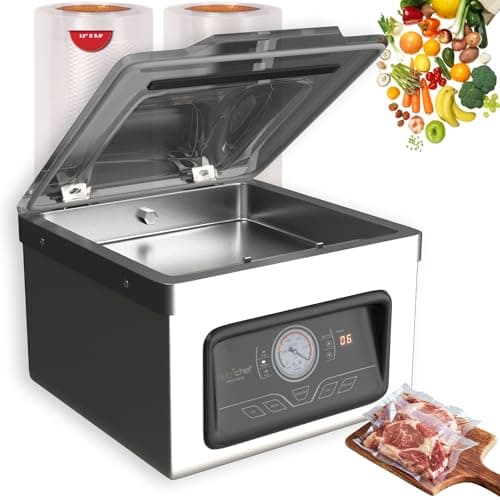 NutriChef 350W Vacuum Sealer Machine - 8L Chamber Commercial Food Sealer, Automatic Meat Packing and Sous Vide System with Digital Control, Includes Vacuum Roll Bags