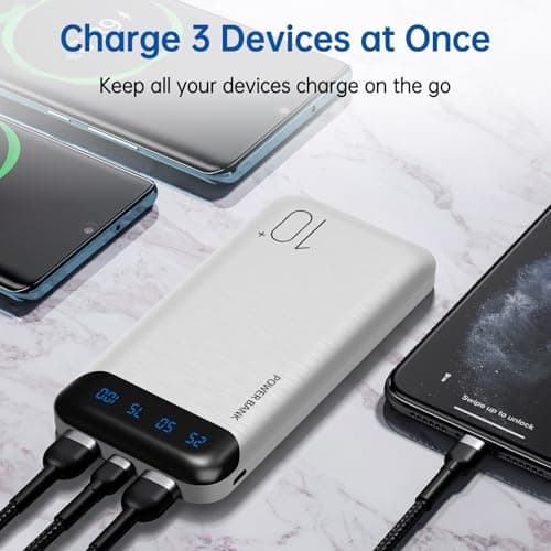 Power Bank 10000mAh Portable Charger Slim External Battery Pack with 2 USB 2.4A Outputs and USB C in/Out Compatible with Huawei iPhone 16 15 14 13 12 iPad Samsung Galaxy S20 Android Tablet (White) 3