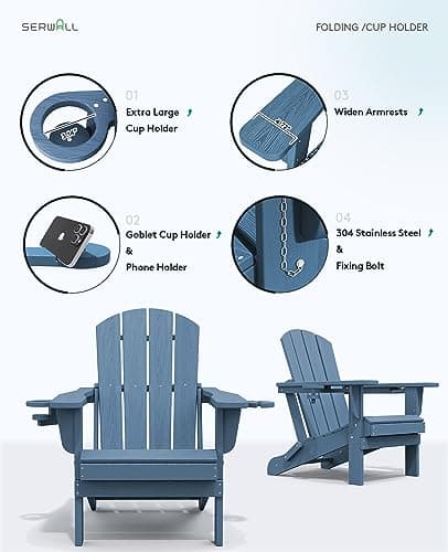 SERWALL Folding Adirondack Chair, HDPE Adirondack Chairs, Plastic Outdoor Chairs- Looks Exactly Like Real Wood- Navy 8