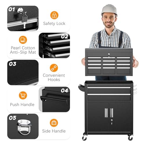 INTERGREAT Rolling Tool Chest with Wheels and 8 Drawers, Detachable Large Tool Cabinet with Lock for Garage, Locking Mechanic Tool Cart with Black Liner for Warehouse, Workshop, High Capacity 6