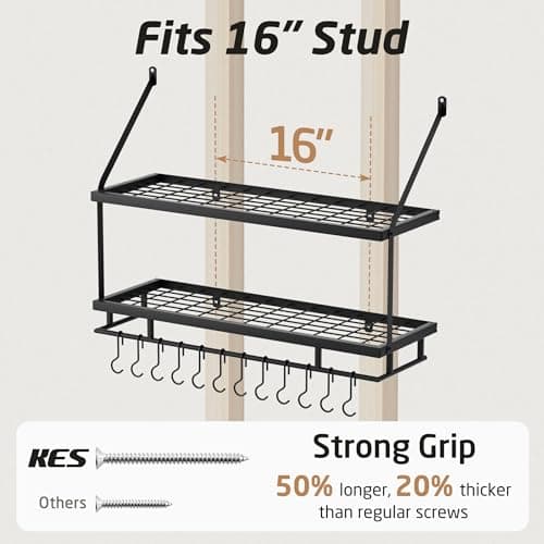 KES 30-Inch Kitchen Pot Rack - Mounted Hanging Rack for Kitchen Storage and Organization - Matte Black 2-Tier Wall Shelf with Guard Rail for Pots and Pans Organizer with 12 Hooks - KUR215S75B-BK 5