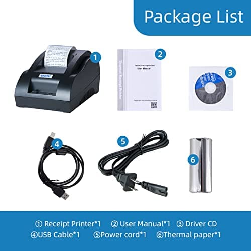 vretti Thermal Receipt Printer, 58mm Small USB Thermal Printer with High-Speed Printing Support to ESC/POS/Window and Mac System, Portable Restaurant Kitchen Printer for Cash Register 6