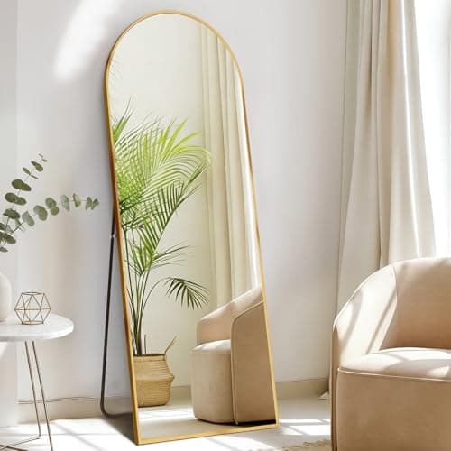 DUMOS Arched Full Length Mirror with Stand Floor Standing Aluminum Frame for Bedroom Body Hanging Leaning Modern Simple Home Decor Shatter-Proorf Nano Glass Wall Living Room Cloakroom Gold 56"x15"