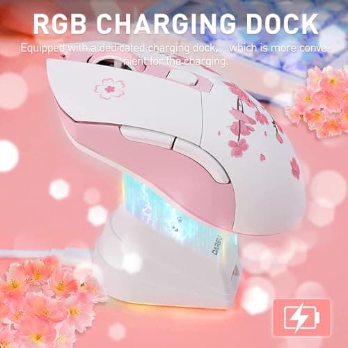 DAREU Sakura Pink Wireless Gaming Mouse with Charging Dock Rechargeable RGB,12K DPI,6 Programmable Buttons High-Precision Sensor [300IPS] [1000Hz] for PC Notebook Mac 6