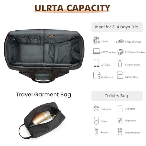 S-ZONE Carry On Garment Bag for Travel Convertible Garment Duffle Bag Suit Bags for Men Women Travel 2 in 1 Hanging Suitcase Business Travel Bag with Toiletry Bag, Black, 50l 7