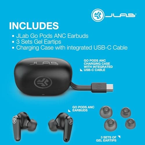 JLab Go Pods ANC True Wireless Bluetooth Earbuds & Charging Case, Hybrid Active Noise canceling + Be Aware for Safe Listening, 26+ Hours Total Playtime, Clear Calls, Custom Sound via App, Black 9