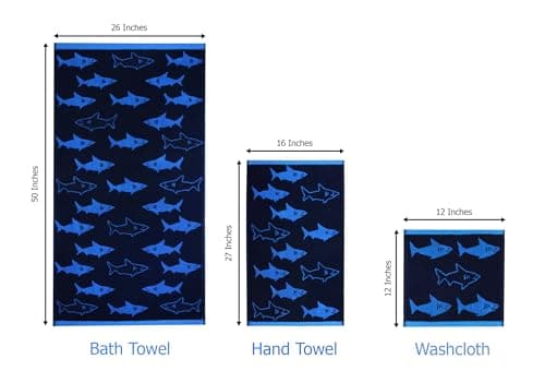 ORIGINAL KIDS 6 Piece Towel Set - Bath Time Shark Attack- 2 Bath Towels, 2 Hand Towels, 2 Washcloths - 100% Cotton Jacquard Soft Absorbent Quick Dry Pool Beach Towel Gift - Navy Blue 5