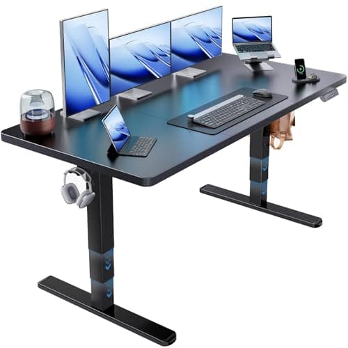 HUANUO 60x30 Inch 3-Stage Legs Electric Standing Desk, Large Height Adjustable Office Desk with Brushless Motor, Stand Up Desk with 4 Memory Presets & 2 Hooks, Computer Desk for Home Office, Black