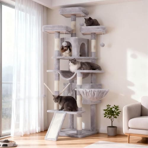 Hey-brother Cat Tree, 71 inches XL Large Cat Tower for Indoor Cats, Multi-Level Cat House with 3 Padded Perches, Big Scratcher, Cozy Basket, 2 Cat Condos and Scratching Posts, Light Gray MPJ034W