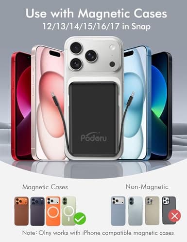 podoru for Magsafe Battery Pack, 10000mAh Magnetic Power Bank Built-in Double USB C Cables 22.5W PD Fast Charging LED Display Wireless Portable Charger for iPhone 17/16/15/14/13/12 Series-Black 6