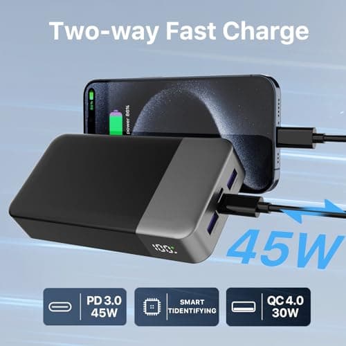 NOBIS Portable Charger, 20000mAh Power Bank, 45W Power Bank Fast Charging, Battery Pack with C to C Cable, Battery Bank with Digital Display for iPhone Android Laptop etc(Black) 5