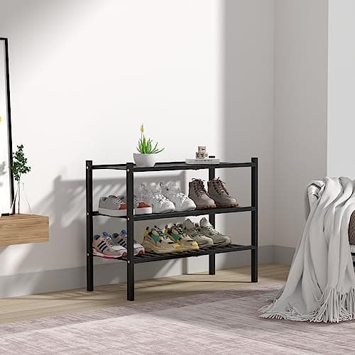 ROMGUAR CRAFT 3 Tier Bamboo Shoe Rack for Closet Free Standing Wood Shoe Shelf Storage Organizer for Entryway Small Space Stackable 27"x11"x20" (Black) 7