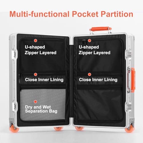 22x14x9 inch Zipperless Cabin Suitcase, 22 Inch 100% All Aluminum Shell Carry-on Suitcase, 56x36x22cm Aluminum Luggage Cabin, Aluminium Zipperless Carry On Luggage with Skate-Grade PU Wheels,TSA Locks 5