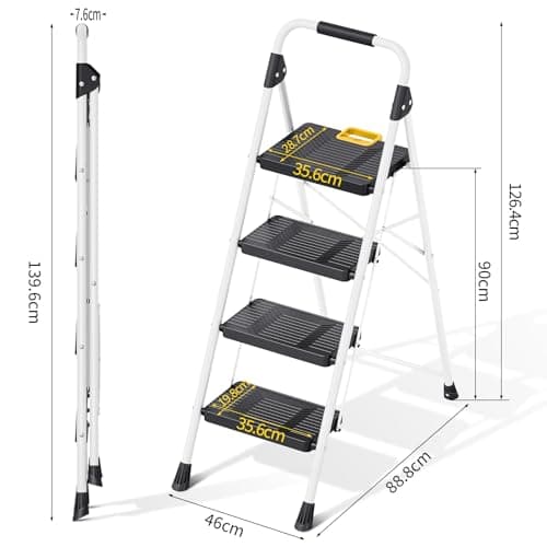 KINGRACK 4 Step Folding Ladder, 800lbs Capacity Step Stool with Safety Lock, Non-Skid Wide Pedals, and Handrail, Lightweight, Household Ladder for Home, Kitchen, Pantry, Closets, and Office Use, White 8