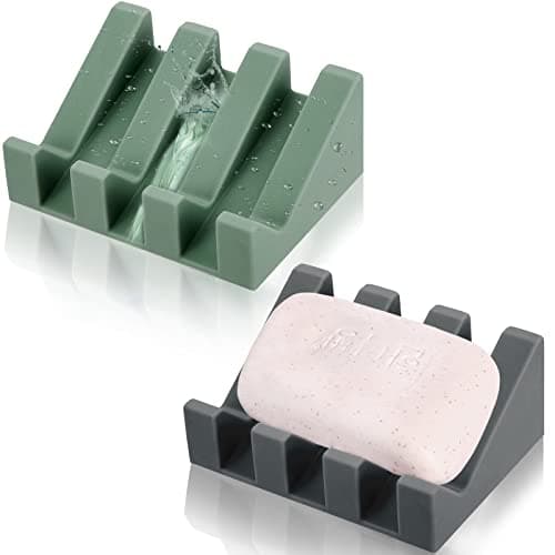 Cunhill 2 Pieces Silicone Soap Dish Self Draining Soap Dish Shower Waterfall Bar Soap Holder Tray with Drain Soap Saver for Kitchen Bathroom Accessories (Dark Grey,Light Green)
