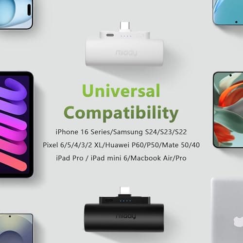Miady 2-Pack 5000mAh Mini Portable Charger with Built-in Type C Connector, 5V 2.4A USB-C Output Fast Charging Small Power Bank, Compact Battery Pack Compatible with iPhone 17/16/15 Galaxy S24/S22 iPad 6