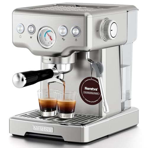 Neretva Espresso Machine, 15 Bar Espresso Coffee Machine with Visible Pressure Guage Professional Espresso Maker with Milk Frother & Stainless Steel for Home Barista Latte and Cappuccino Maker-Silver