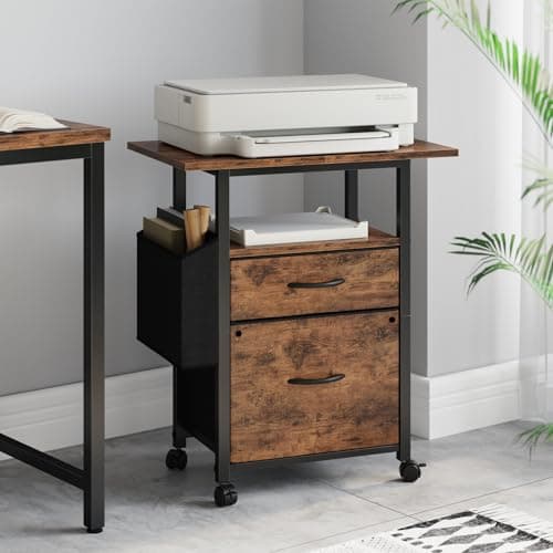 GYIIYUO 2 Drawer File Cabinet with 24'' Extended Tabletop, Mobile Filing Cabinet, Rolling File Cabinet with Side Bag, Fabric Drawer, Fits A4 Size, Home Office, Rustic Brown