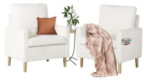 TYBOATLE Accent Chairs Set of 2, Modern Fabric Living Room Arm Chairs, Furry Cozy Upholstered Mid-Century Chairs w/Side Pocket, Club Reading Lounging Side Armchair for Office, Bedroom