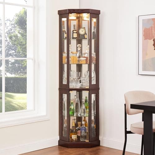 Eyisean 70" Lighted Corner Curio Cabinet, Wood China Display Case with Tempered Glass Doors & Adjustable Shelves, Light Bulb Included, Tall Wine Storage Rack for Bar and Liquor Storage (Dark Cherry) 8