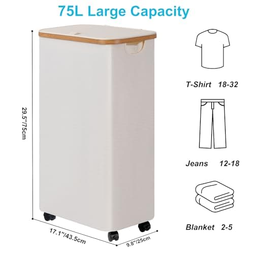 efluky Slim Laundry Basket with Wheels, Narrow Rolling Laundry Hamper with Lid and Removable Bag, Aesthetic Dirty Clothes Hamper on Wheels for Laundry Room, Bedroom, Dorm and Bathroom, 75L Beige 8
