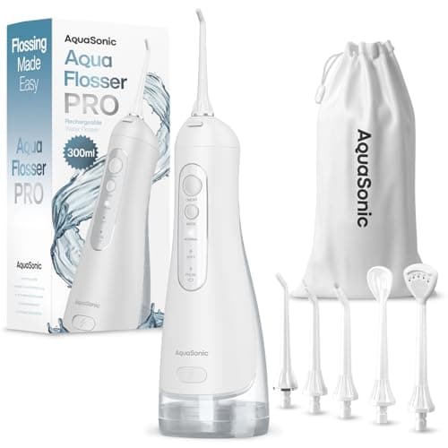 AquaSonic Aqua Flosser PRO - Rechargeable Electric Cordless Water Flosser for Teeth, Gums & Tongue - Waterproof Modern Design, 300ml Large Tank, 3 Modes, 6 Jet Tips, Deluxe Tongue Nozzle - Optic White