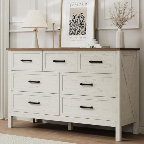 LYNSOM Farmhouse 7 Drawers Dresser for Bedroom, Wood Rustic Wide Chest of Drawers with Deep Drawers, Metal Handle, Storage Dressers Organizer for Entryway, Hallway, Antique White