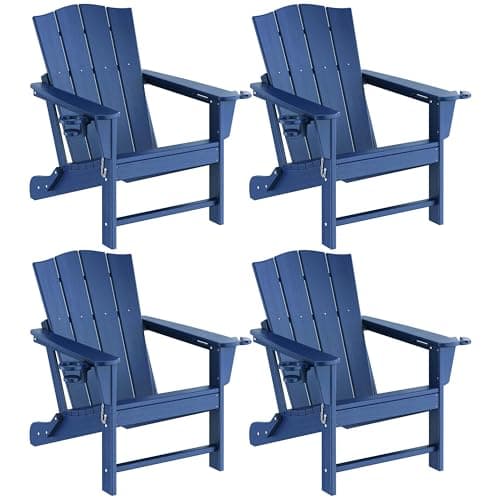 Yaheetech Folding Adirondack Chair Set of 4, HDPE Plastic Adirondack Chair with Cup/Mobile Phone Holder for Deck, Patio, Pool, Backyard, Weather Resistant, Wooden Texture, Easy Assembly Navy Blue