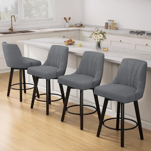 REONEY Counter Height Swivel Bar Stool, 24" Upholstered Fabric Barstools Set of 4, Counter Stool Chair with Back & Solid Wood Legs for Kitchen Island Dining Room (Dark Gray)