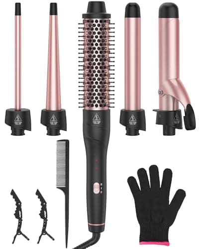 ANIEKIN 5 in 1 Curling Iron Set, Fast Heat Up Curling Wand from 3/8 to 1 1/4 Inch and a Thermal Brush Come with, Dual Voltage Hair Curler for Women All Hair Types and Travel Use, Gifts for Women