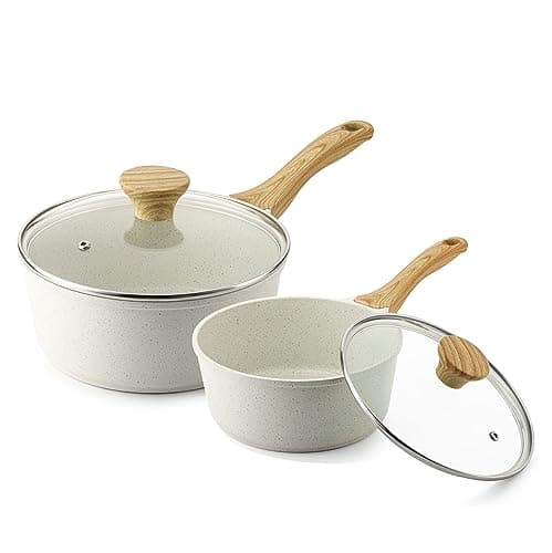 SENSARTE White Ceramic Nonstick Saucepan with Lid Set, Small Cooking Pot with Stay Cool Handle, Induction Compatible Saucepot, White Granite Coating, PFOA/PFAS Free, 1.5 + 2.5QT