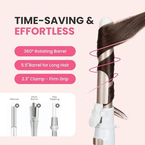 Automatic Rotating Curling Iron for Long Lasting Curls, 1.1 Inch Hair Curler with LED Display, Fast-Heating Curling Wand for Long & Short Hair, Perfect Hair Waver Styling Tool (White) 5
