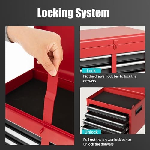 Goplus Tool Chest, 5-Drawer Rolling Tool Storage Cabinet with Detachable Top Tool Box, Liner, Universal Lockable Wheels, Adjustable Shelf, Locking Mechanism, Metal Tool Cart for Garage Workshop 6