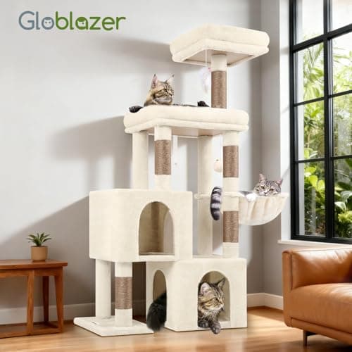 Globlazer Cat Tree Condo Tower for Multiple Indoor Cats, 52in Multi-Level Cat Scratching Tree with Cat Condos, 5 Sisal Scratching Posts, 2 Padded Perches, Big Haging Basket, Widened Base, S52, Beige 7