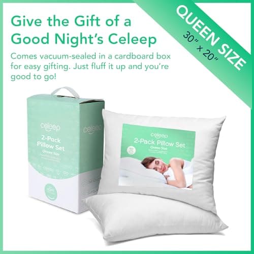 Celeep Bed Pillows (2 Pack) - Pillow Set Queen Size - Hotel Quality Sleeping Pillows for Side, Stomach and Back Sleepers - Microfiber Filling - Soft and Supportive (Queen) 7