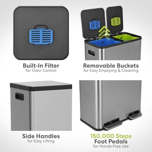 Simpli-Magic 18.5 Gallon (40L x 30L) Dual Compartment Step Trash Can – Kitchen Garbage Can with Waste & Recycling Bins – Slow-Close Lid, Odor Control, Hands-Free, Stainless Steel 5