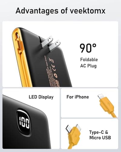 VEEKTOMX Portable Charger with Built in Cables 10000mAh, Power Bank for iPhone with Wall Plug, Travel Essential Fast Charging USB C Slim External Battery Pack for iPhone 17/16/15, Samsung, iPad, etc 8