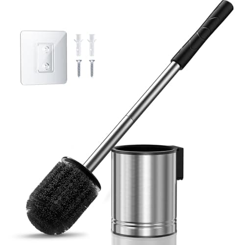 HAMITOR Toilet Bowl Brush Set: Compact Space-Saving Design with Hidden Holder for Small Bathrooms, Apartments & RVs - Bathroom Cleaning Accessories - Rustproof Toilet Scrubber Cleaner Kits Silver