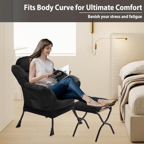 Youtanic Lazy Chair with Folding Ottoman, Accent Chair Velvet Upholstered with Metal Structure and Non-Slip Pads, Sofa Armchair with Footrest and Side Storage Bag for Dorm, Room, Office, Black 5