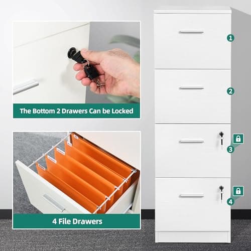 DWVO 4-Drawer File Cabinet with Lock, Filing Cabinet for Letter A4-Sized Files, Upgraded, White 7