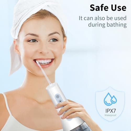 7AM2M Water Dental Flosser Pick for Teeth, 450ML Portable Oral Irrigator, Cordless Flosser for Travel with 5 Jet Tips, 5 Modes & IPX7 Waterproof, Electric Flossing Teeth Cleaning for Home-Snow White 6