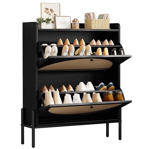 IRONCK Shoe Cabinet Storage with 2 Flip Drawers, Free Standing Wooden Shoe Storage Organizer Cabinet with Rattan Doors for Entryway, Narrow Shoe Rack Cabinet, Black