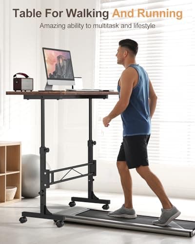 Small Standing Desk Adjustable Height, Mobile Stand Up Desk with Wheels, 32 Inch Portable Rolling Desk Small Computer Desk, Portable Laptop Desk Standing Table Rustic 7