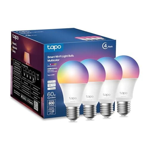 TP-Link Tapo Smart Light Bulbs, 16M Colors RGBW, Dimmable, Compatible with Alexa and Google Home, A19, 60W Equivalent, 800LM CRI>90, 2.4GHz WiFi only, No Hub Required, Tapo L530E(4-Pack)