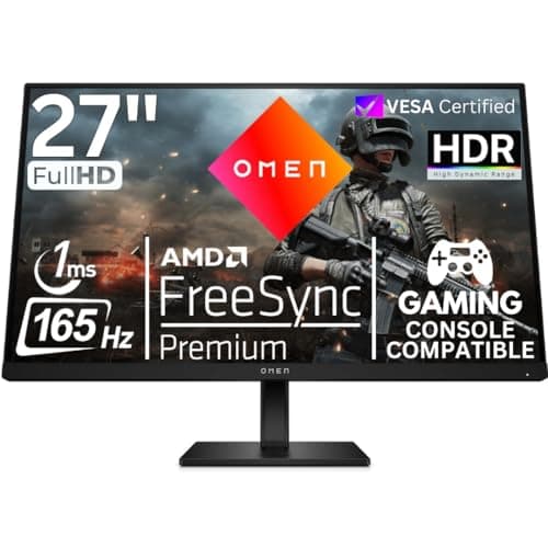 HP OMEN 27 Inch FHD Gaming Monitor 165Hz, AMD Freesync Premium, Eye Ease, HDR, Adjustable Stand, VESA Mountable IPS Panel, 178° Viewing Angle, 1ms Response Time for Laptop Computer Desktop (Renewed)