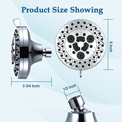 Aiscsc 8 Spray Modes Shower Head, 5 Inch High Pressure Shower Heads with 62 Anti-Clogging Nozzles and Adjustable Brass Ball Joint, Chrome Finish, Replacement for Bathroom Showerhead 5
